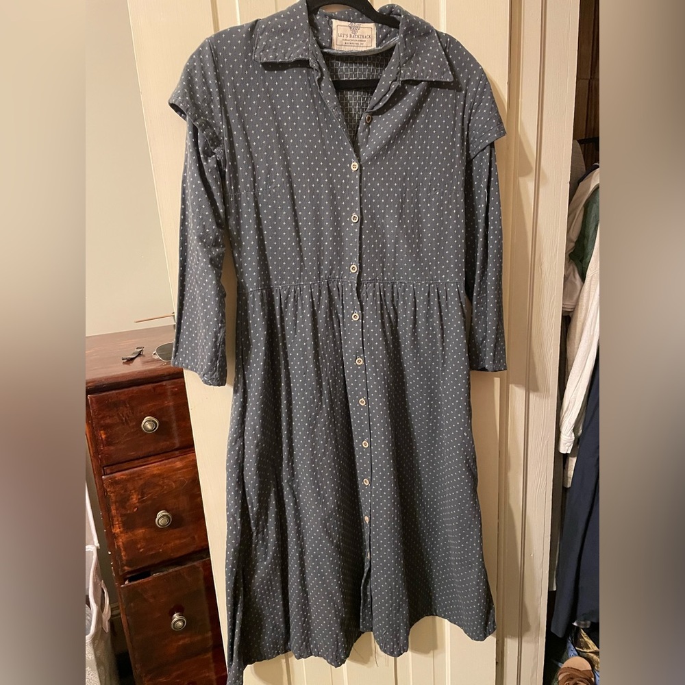 Let’s Backtrack Retro 3/4 length sleeve blue dress embroidered